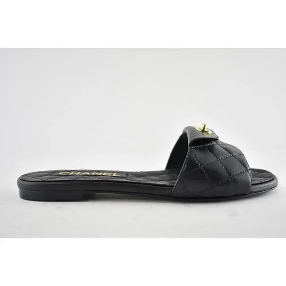 Chanel REV Black Turnlock Quilted Gold CC Logo Mules Slide Sandal Flop Flat 37 - Picture 2 of 12